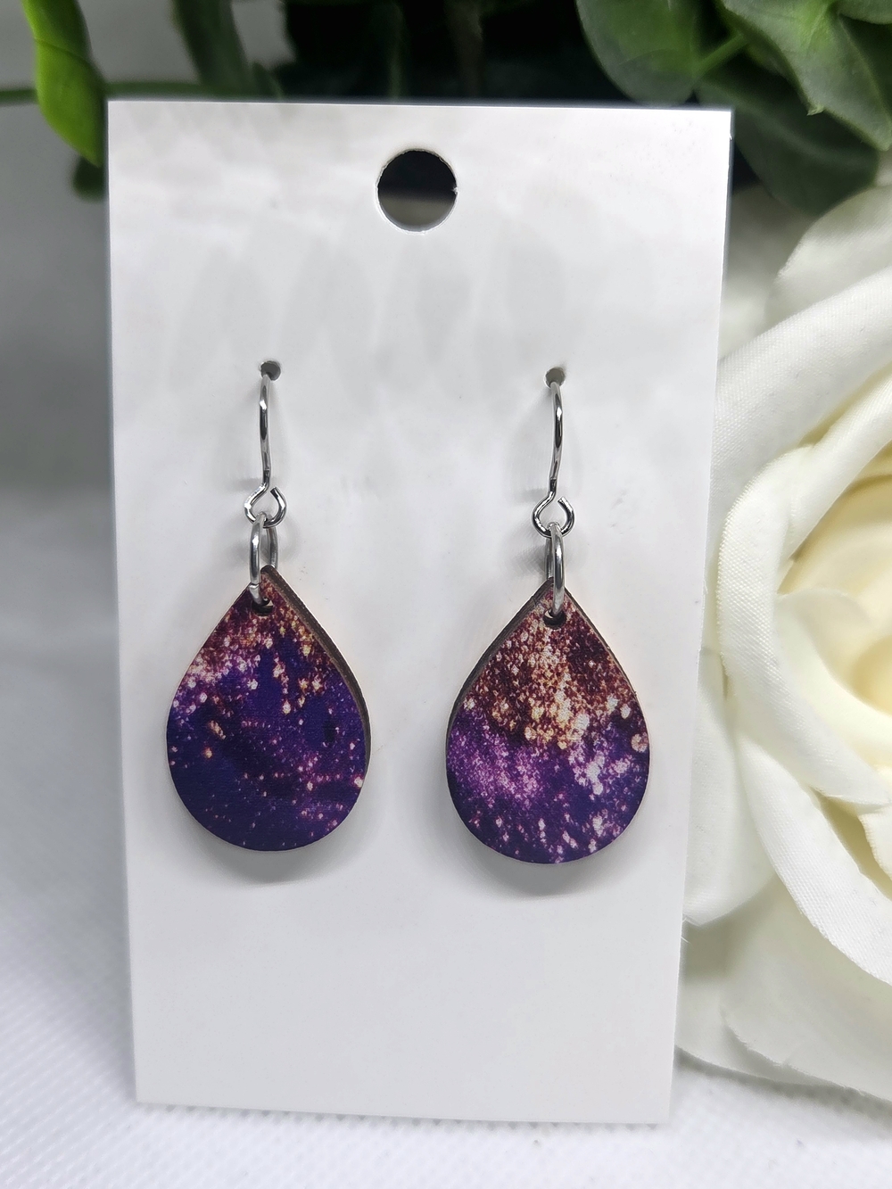 Purple Teardrop Galaxy Drop Earrings